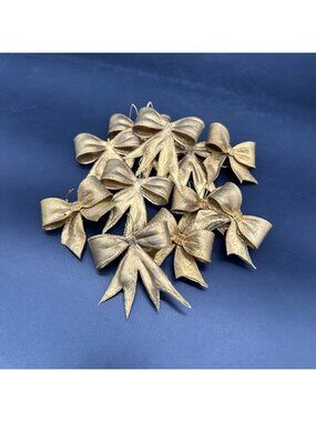 Vintage Gold Bow Ornaments Plastic 1970s Christmas Decorations Lot of 11 Kitschy